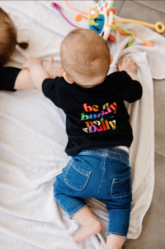 Be a buddy not a bully - child & baby t-shirt - black & rainbow