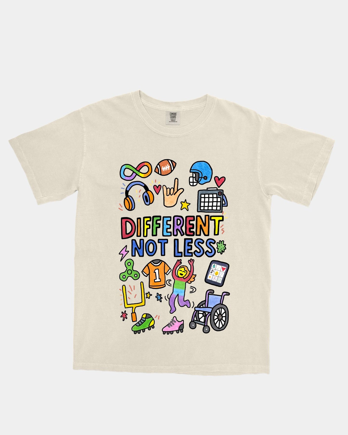 Different not Less T-Shirt with Laura – Adult & Youth Inclusive Neurodiversity Apparel