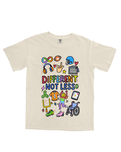 Different not Less T-Shirt with Laura – Adult & Youth Inclusive Neurodiversity Apparel