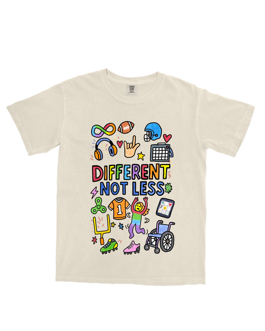 Different not Less T-Shirt with Laura – Adult & Youth Inclusive Neurodiversity Apparel