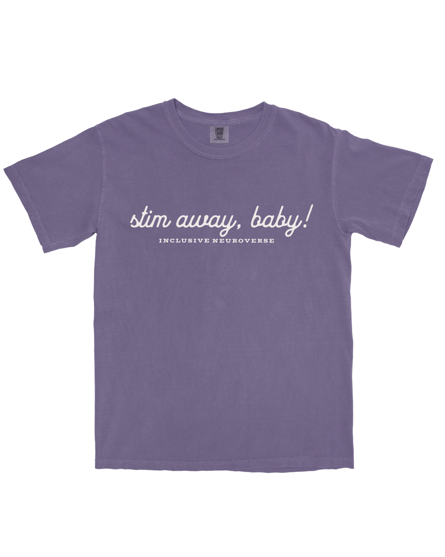 Flat lay of the Stim Away Baby adult t-shirt, soft heavyweight cotton, supporting autistic and neurodivergent communities