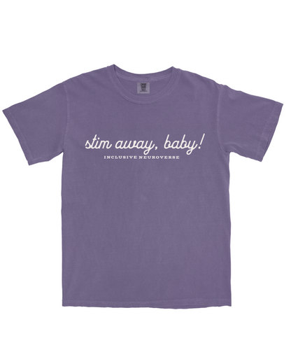 Flat lay of the Stim Away Baby adult t-shirt, soft heavyweight cotton, supporting autistic and neurodivergent communities